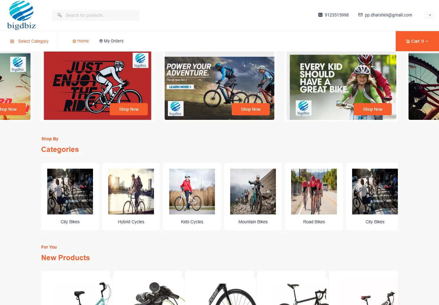 Live bicycle storefront with city, hybrid, mountain, road and children's cycles