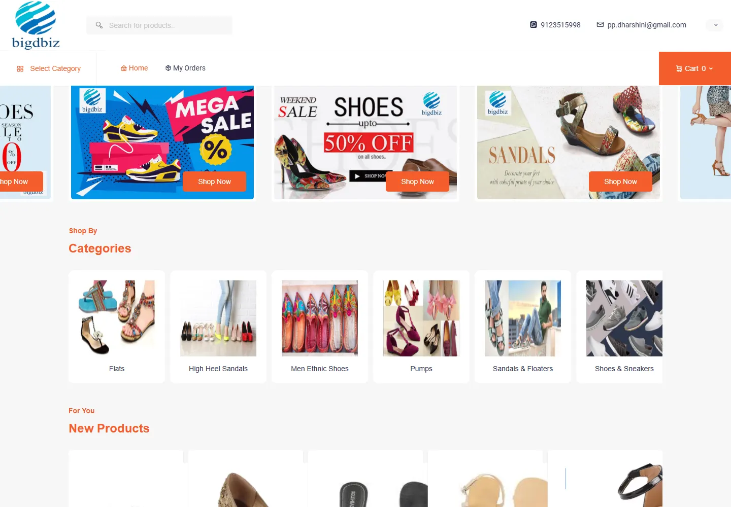 Live footwear storefront with flats, heels, sandals, pumps and sneakers