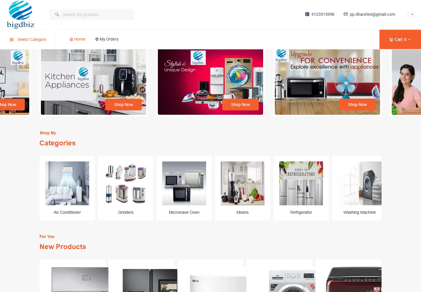 Live home appliances storefront with air conditioner, refrigerator, washing machine and mixer categories