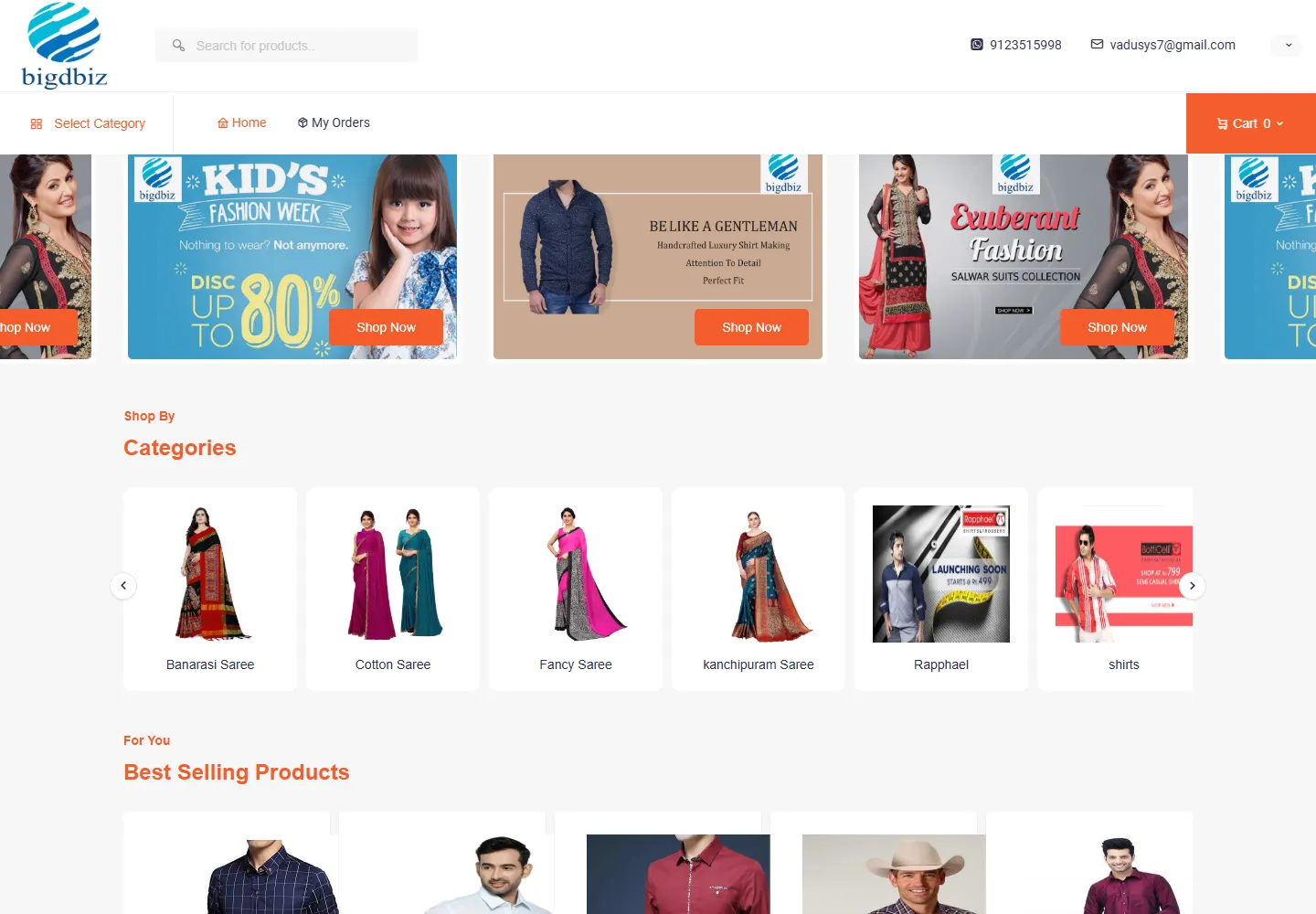 Live textile and fashion storefront showing saree categories and shirts